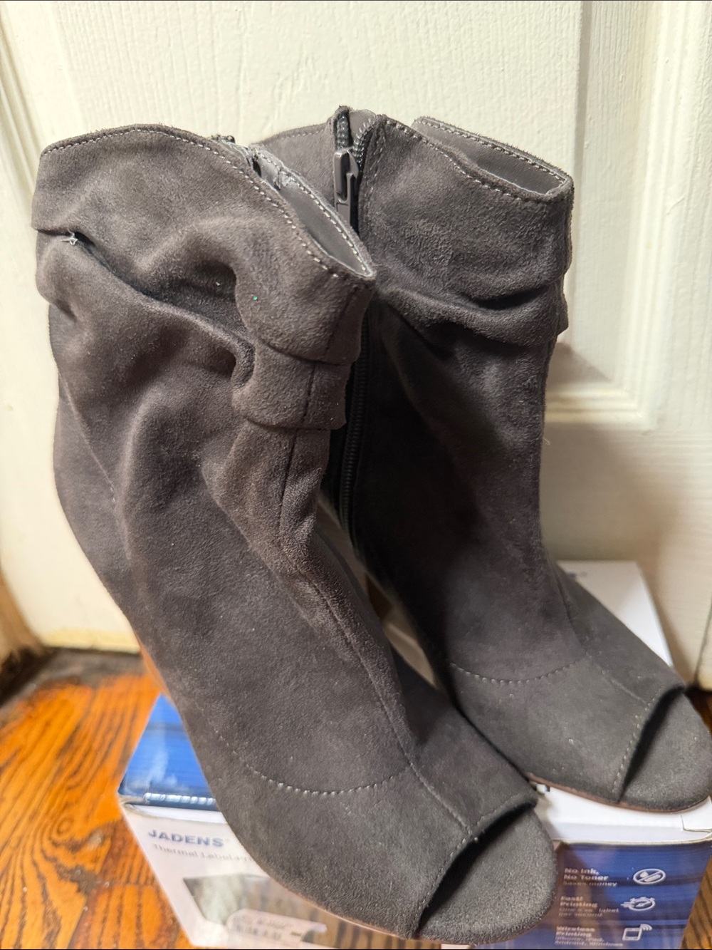 Jade Charcoal Suede Peep-Toe Heel Boots